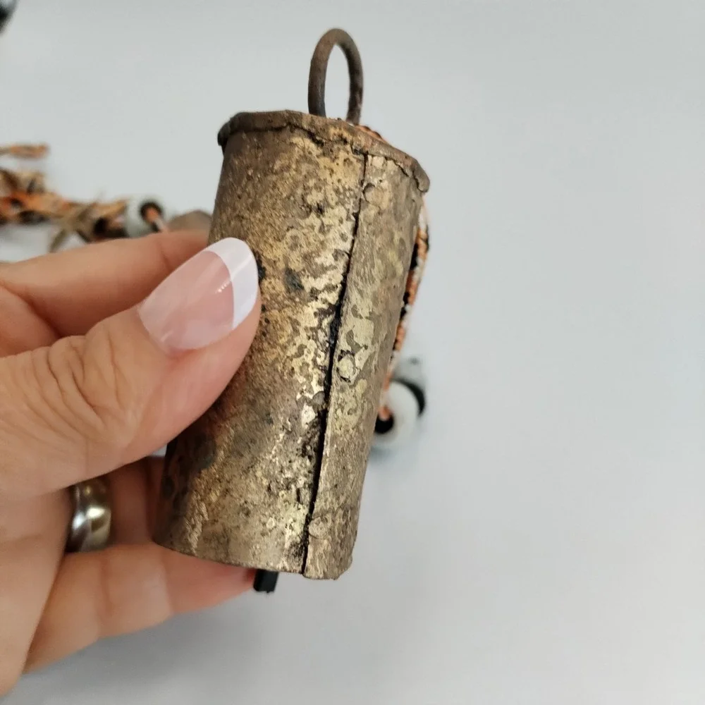 Vintage Rustic Harmony Cow Bells Cluster Set of 3 Brass Iron Boho Hanging Cord